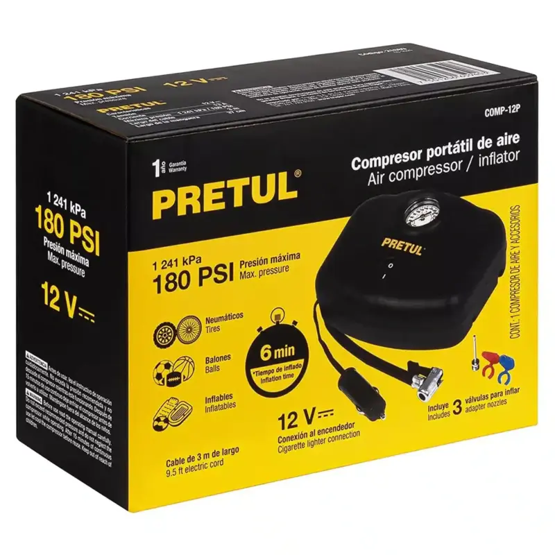 Compresor Portátil de Aire Pretul Inflador de Llanta 12V 180PSI - Imagen 2