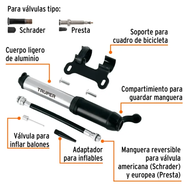 INFLADOR MANUAL TRUPER PARA BICICLETAS 75 PSI - Imagen 3